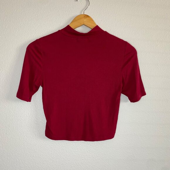 Cotton On Deep Red Ribbed Mock Neck Short Sleeve Crop Top - Picture 2 of 9